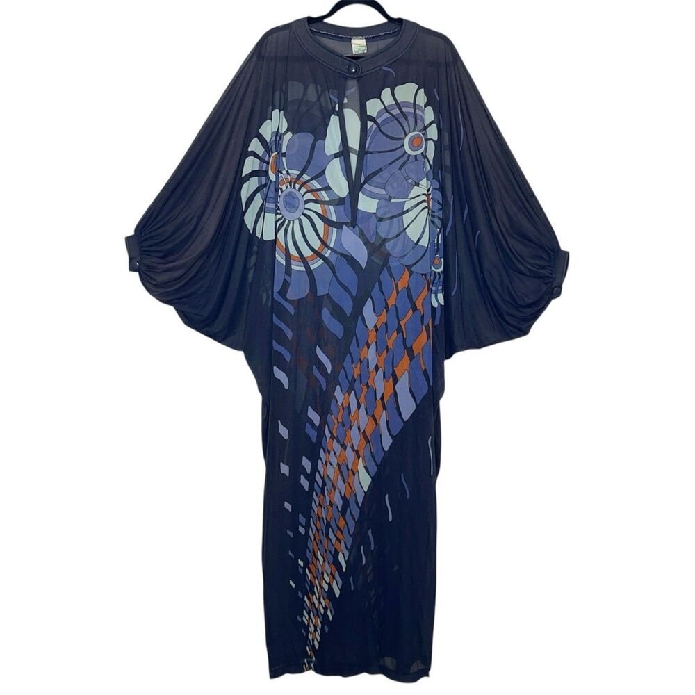 Vintage 1970s Gottex Maxi Dress Swim Cover Caftan Flowey Boho Blue Floral Medium